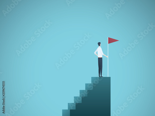 Businessman holding a flag on top of the column graph. Business concept of goals, success, achievement and challenge.