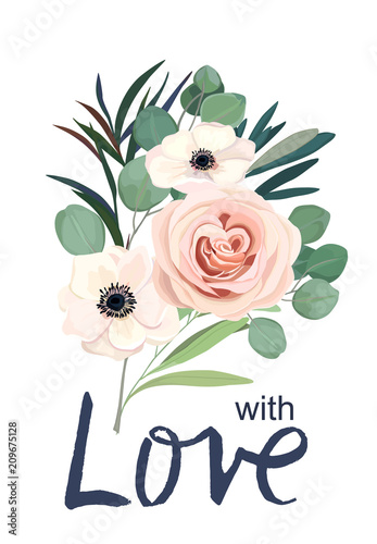 Floral  bouquet with anemone, rose and eucalyptus. For wedding, Valentine's day, Birthday. Vector illustration. Watercolor style