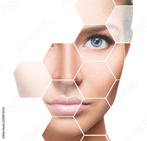 Beautiful female face in honeycombs. Spa concept.