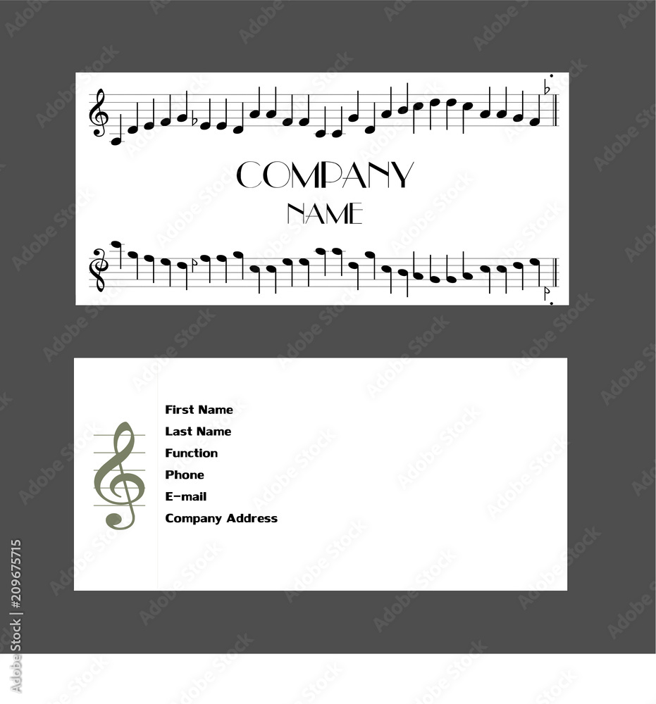 White background business card with music notes pattern