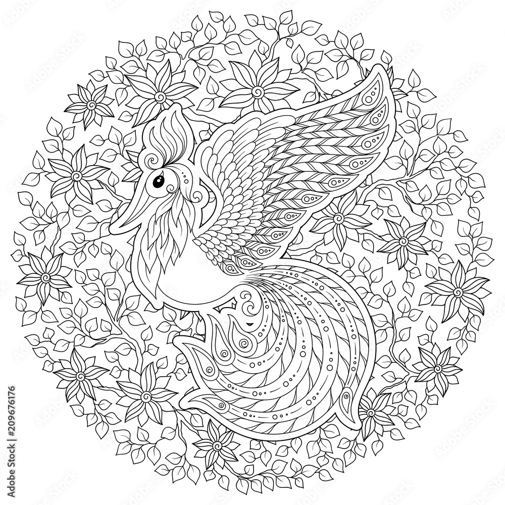 Fototapeta premium Firebird for anti stress Coloring Page with high details.