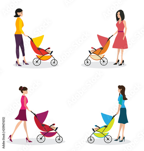 Isolated set of moms with strollers. Mom rolls a stroller. Women walks with a baby in a stroller Motherhood. Happy young mother with the baby in the pram. Vector flat illustration
