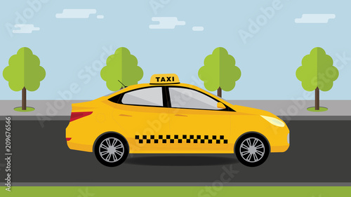 Booking taxi. Yellow cab car rides on street road, trees and sidewalk on background. Vector flat illustration. Taxi service concept.