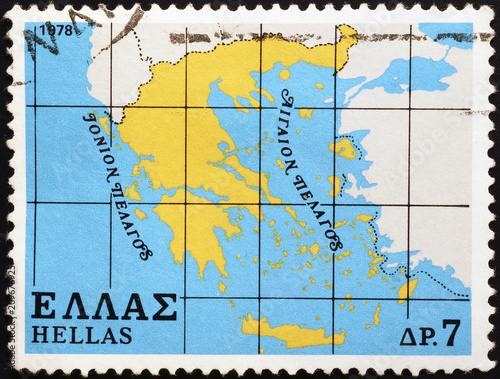 Rough map of Greece on old postage stamp photo