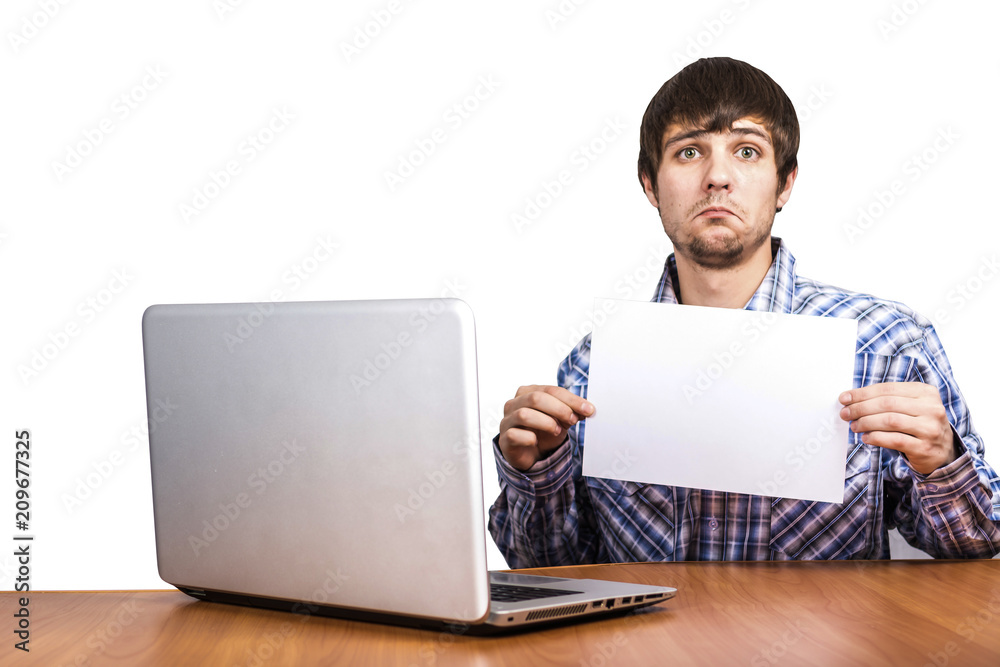 guy with a sad face holding a sheet of paper guy with a sad face holding a sheet of paper