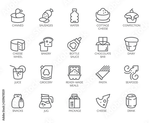 20 linear icons of drinks and food isolated. Dairy produce, pasta, sweets, seafood and other contour logos. Culinary and cooking theme. Vector for market, grocery stores, menu, thematic sites and apps