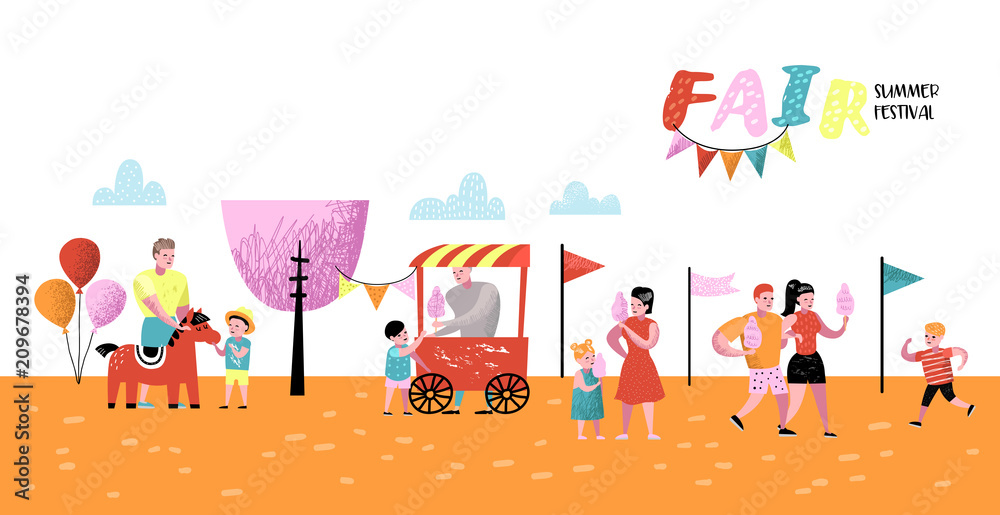 Summer Fun Fair Poster, Banner, Brochure. Amusement Park Characters with Cartoon People. Family Kids Vacation. Vector illustration