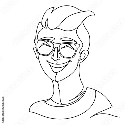 Laughing Man in Eyeglasses Portrait One Line Art. Happy Male Facial Expression. Hand Drawn Linear Man Silhouette. Vector illustration