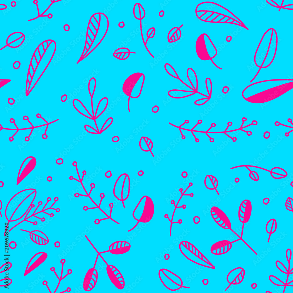 illustration seamless doodle pattern with different pink leaves on cyan backdrop illustration seamless doodle pattern with different pink leaves on cyan backdrop