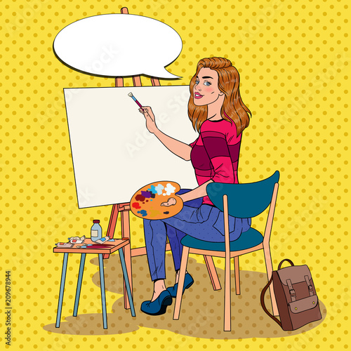 Pop Art Female Artist Painting at the Studio. Woman Painter in Workshop. Vector illustration