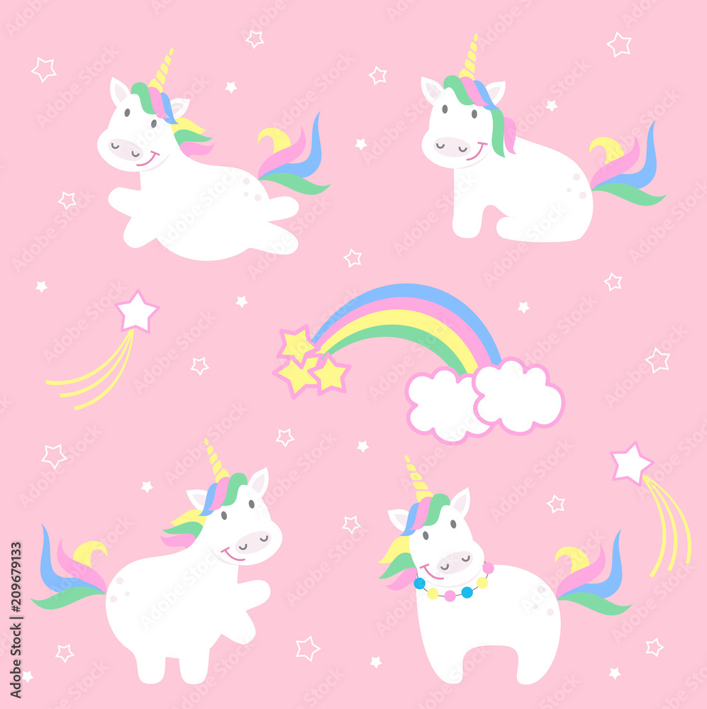 set of cute unicorn icons, rainbow and stars, child vector illustration, cartoon design set of cute unicorn icons, rainbow and stars, child vector illustration, cartoon design