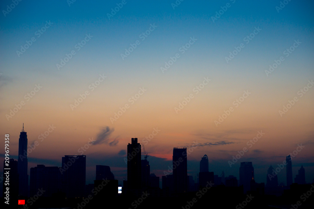 BANGKOK, THAILAND -  JANUARY 16, 2018 : Silhouette of Bangkok city view with beautiful sunrise background
