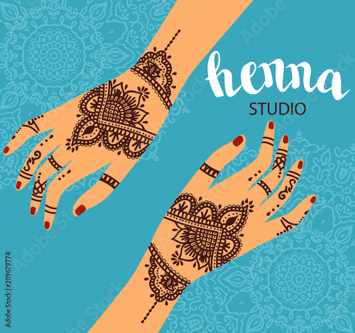 Element yoga mudra hands with mehendi patterns. Vector illustration for a yoga studio, tattoo, spas, postcards, souvenirs. Indian traditional lifestyle.