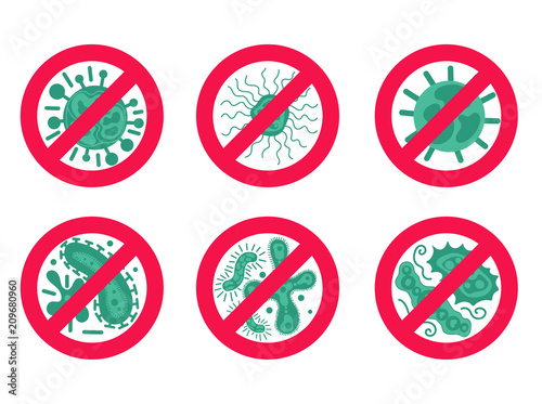 Antibacterial and antiviral defence icon. Stop bacteria and viruses prohibition sign. Antiseptic.Green germ in flat style isolated.Vector emblem.Virus set micro-organisms disease infection.