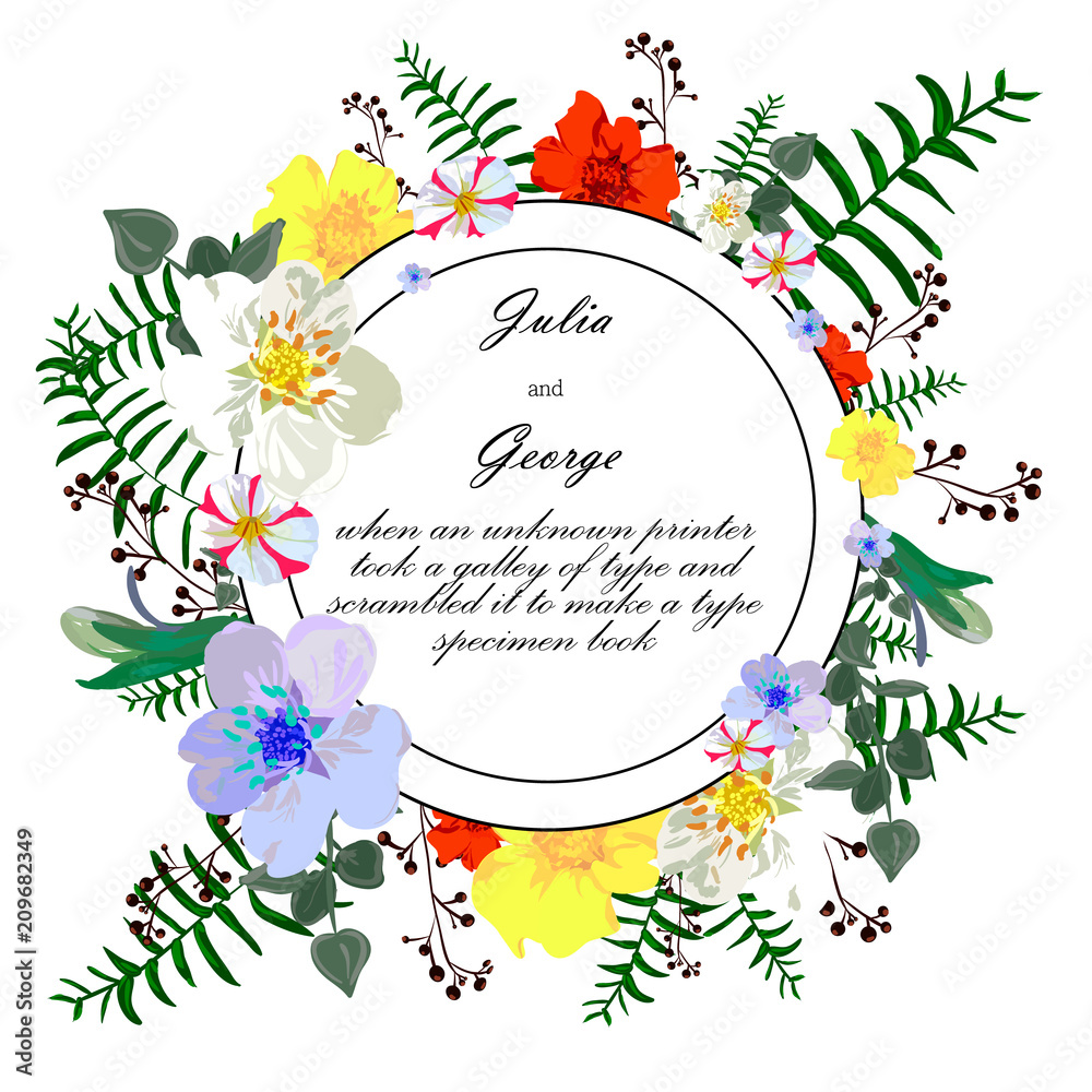 Greeting flower card, circle bouquet flower arrangement. bright colorful Wallpaper banner. Greeting flower card, circle bouquet flower arrangement. bright colorful Wallpaper banner.