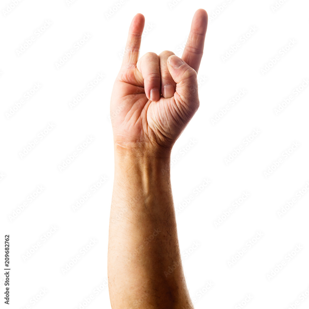 Adult male hand showing rock gesture isolated on white