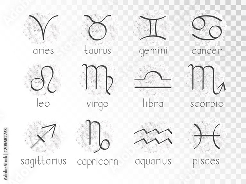 Vector set of zodiac signs. Hand drawn elements. Horoscope symbols collection: aries, taurus, gemini, cancer, leo, virgo, libra, scorpio, sagitarius, capricorn, aquarius, pisces. Monochrome.