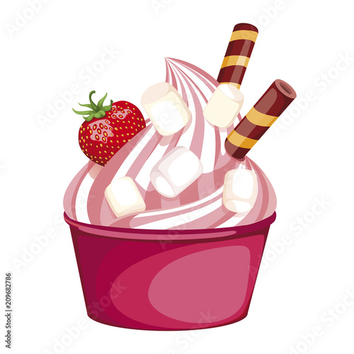 soft berry ice cream in a Cup. delicious dessert, decorated with whipped cream, strawberry, waffle tube, and marshmallow. Vector illustration on white background.
