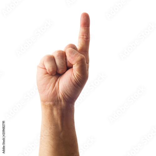 Adult male hand showing one finger up gesture isolated on white photo
