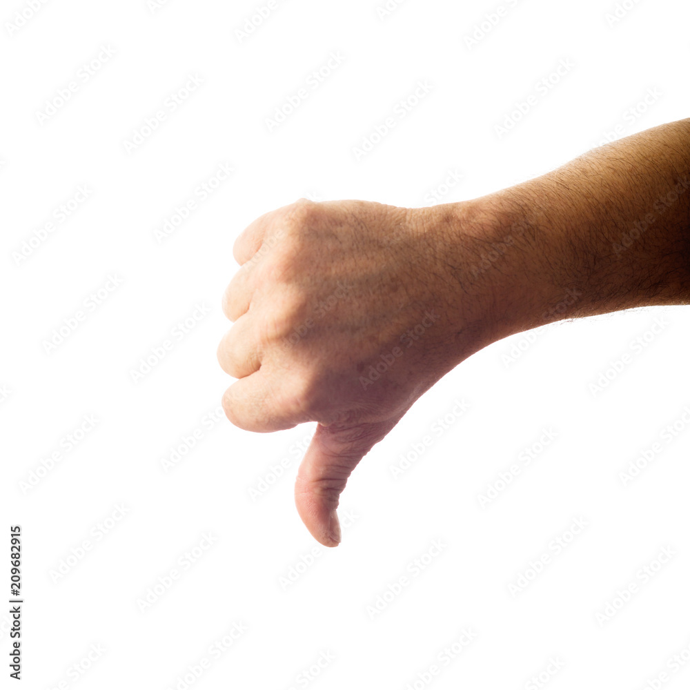 Adult male hand showing thumbs down gesture isolated on white Adult male hand showing thumbs down gesture isolated on white
