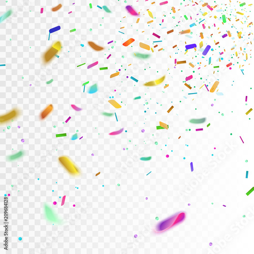 Stock vector illustration of realistic colorful confetti, glitters Isolated on a transparent checkered background. Festive background. Holiday decorative tinsel element for design. EPS10.