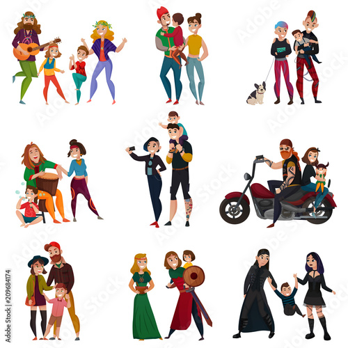 Subcultures Families Cartoon Set