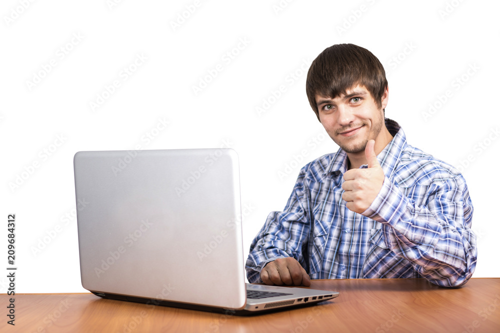 guy working behind laptop showing hand like a white background on white background guy working behind laptop showing hand like a white background on white background