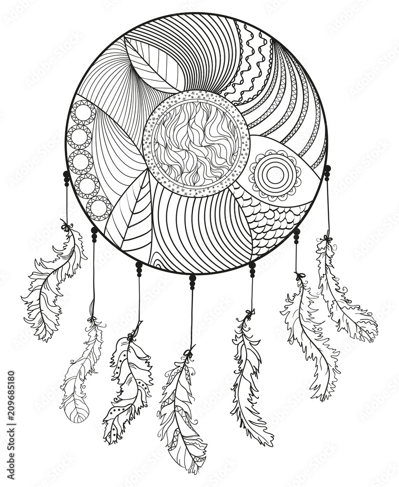 Obraz premium Dreamcatcher. Hand drawn american indians symbol. Zentangle. Black and white illustration for coloring. Zen art. Design for spiritual relaxation for adults. Unique image for design. Line art