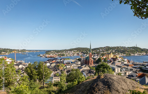 View over Arendal city on a sunny day in june 2018. Arendal is a small town in the south part of Norway