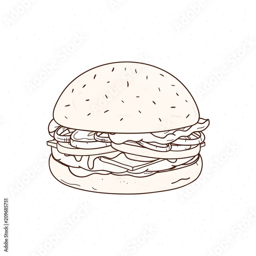 Tasty hamburger hand drawn with contour lines on white background. Drawing of juicy burger or sandwich with meat patty, cheese and vegetables, delicious fast food meal. Monochrome vector illustration.