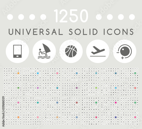 Set of 1250 Elegant Universal Black Minimalistic Solid Icons on Circular Colored Buttons on Grey Background