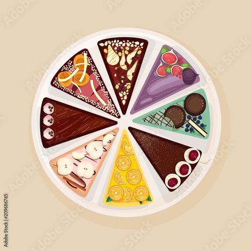 Sweet cake or tart divided into eight parts with various tastes and toppings