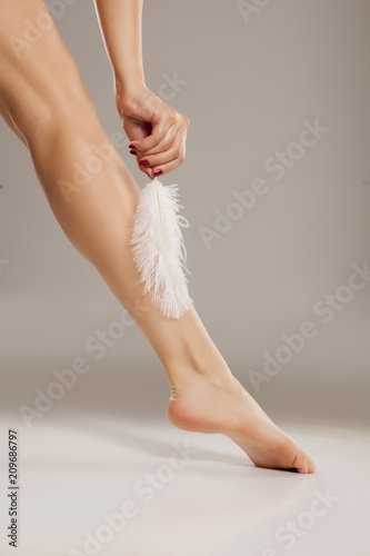 well-nourished woman leg and a white feather on a gray background