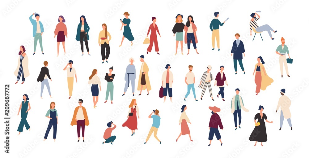 Crowd of tiny people wearing stylish clothes. Fashionable men and women at  fashion week. Group of male and female cartoon characters dressed in trendy  clothing. Flat colorful vector illustration. Stock Vector |