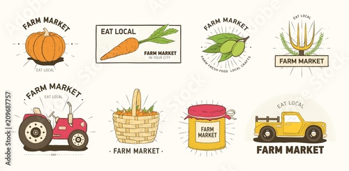 Collection of farm or agricultural market logo or labels with vegetables, farmer's machines, tools and equipment isolated on white background. Colorful vector illustration in modern line art style.