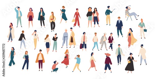 Crowd of tiny people wearing stylish clothes. Fashionable men and women at fashion week. Group of male and female cartoon characters dressed in trendy clothing. Flat colorful vector illustration.