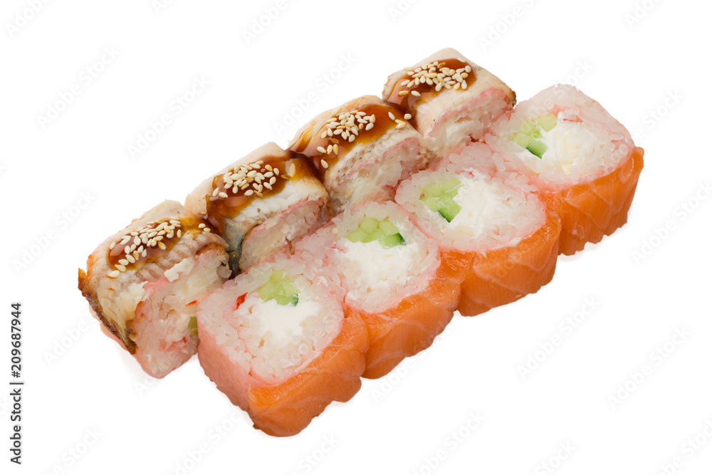 Asian cuisine. Japanese cuisine. Sushi rolls on a white background