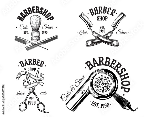 Set of vintage barbershop emblems labels badges logos scissors blade brush. Isolated on white background. Vector illustration