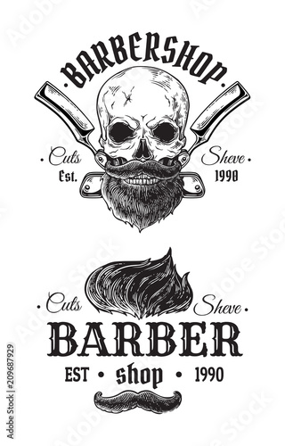 Set of vintage barbershop emblems labels badges logos skull hair. Isolated on white background. Vector illustration