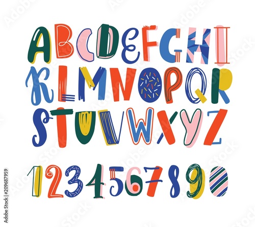 Bright colored hand drawn latin font or english alphabet for kids decorated with scribble. Funny letters arranged in alphabetical order and figures isolated on white background. Vector illustration.