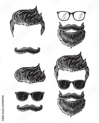Set of bearded men faces, hipsters with different haircuts mustaches beards. Silhouettes emblems icons labels. vector illustration