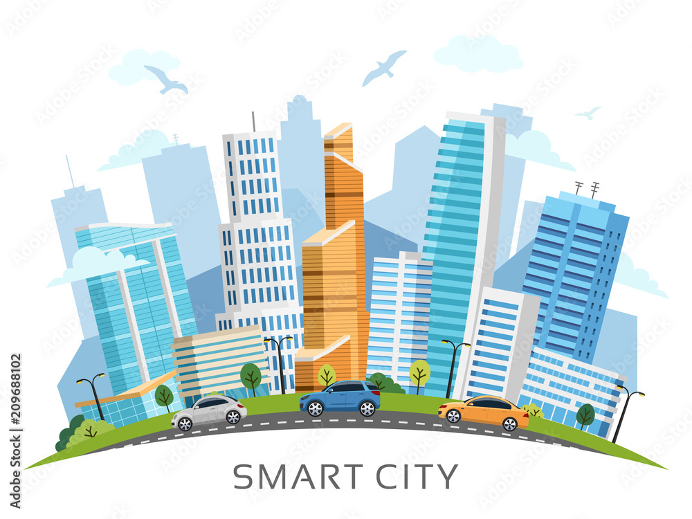 Smart city with skyscrapers vector landscape arranged in arch. Buildings, skyscrapers and transport traffic