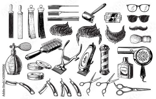 Set of vintage barbershop emblems labels badges logos scissors blade brush pole. Isolated on white background. Vector illustration