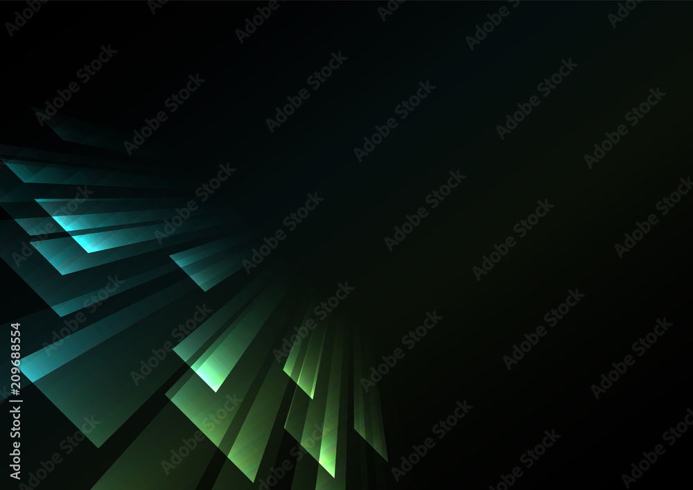 green overlap stripe rush in dark background, bar layer backdrop, simple technology template, vector illustration