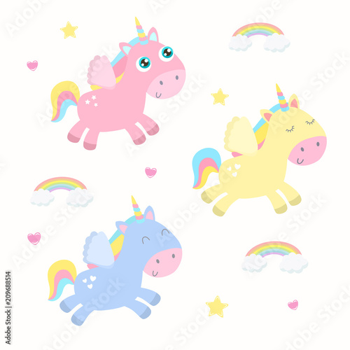 Cute unicorns,pegsus vector illustration. Flat design.
