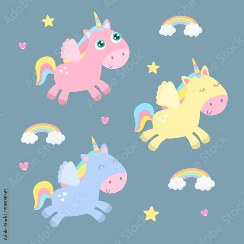 Cute unicorns  pegasus vector illustration