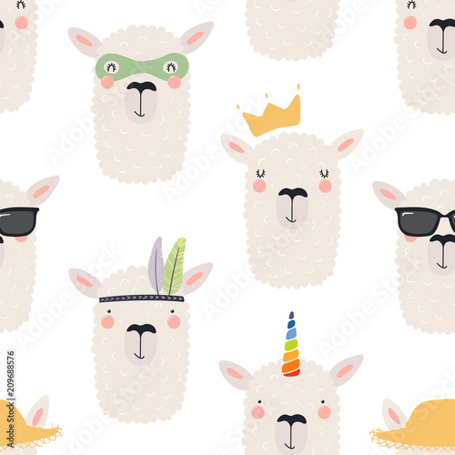 Hand drawn seamless vector pattern with different cute llama faces, on a white background. Scandinavian style flat design. Concept for children, textile print, wallpaper, wrapping paper.