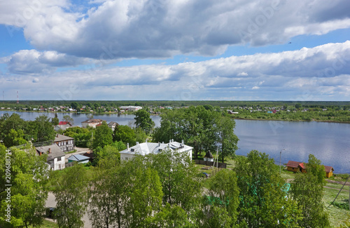 View of ancient russian town Kargopol and Onega river,  Arkhangelsk region. Russia