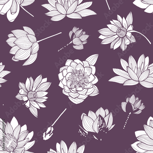 Floral seamless pattern with elegant blooming lotus hand drawn with contour l...