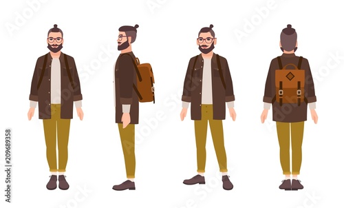 Happy hipster man with glasses and beard dressed in fashionable clothes and with backpack. Flat male cartoon character isolated on white background. Front, side and back views. Vector illustration.
